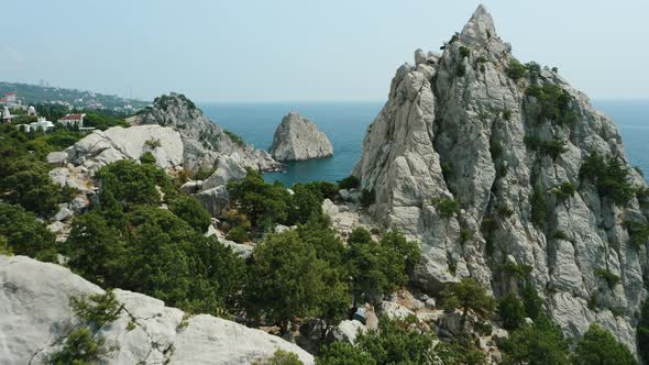 Aerial Fly Towards Krylo Lebedya  Swan Wing with Diva Rock and Black Sea in Background