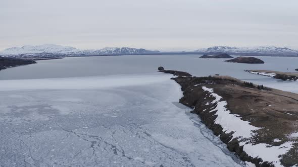Aerial view of a frozen lake in winter, Southern Peninsula, Iceland. alt