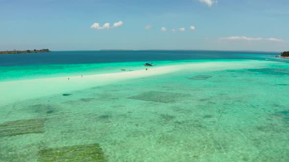 Sandy Beach in the Lagoon with Turquoise Water. Balabac, Palawan, Philippines.