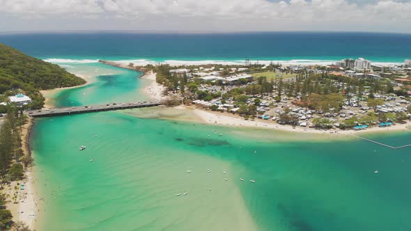 Aerial drone view of Tallebudgera Creek and beach on the Gold Coast, Queensland, Australia