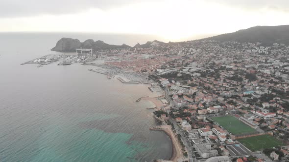 Aerial view on the bay of Cote d'Azur and La Ciotat village, France