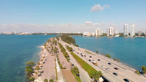 Aerial Drone View of Rickenbacker Causeway and Downtown Miami on a Sunny Day Florida