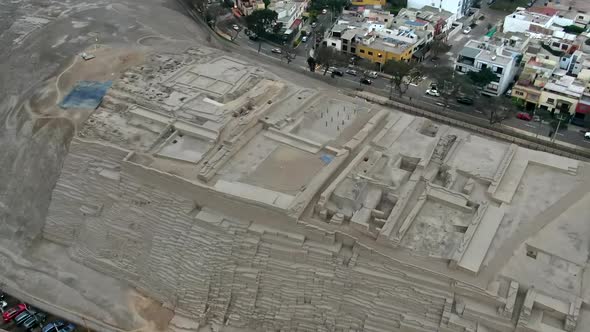 Aerial View Of Huaca Pucllana Pyramid. Exquisite Pre-Inca Structure In Miraflores District, Lima, Pe