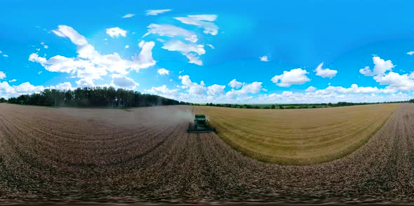 Combine Harvester on Wheat Field VR360