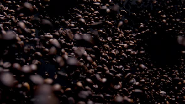 Aromatic Coffee Grains Fly on Camera Close Up