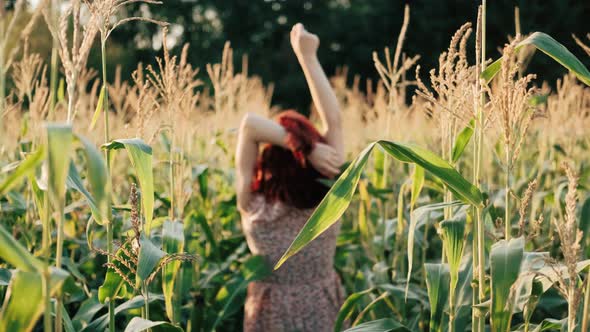 Beautiful Woman Walking on a Sunny Corn Field