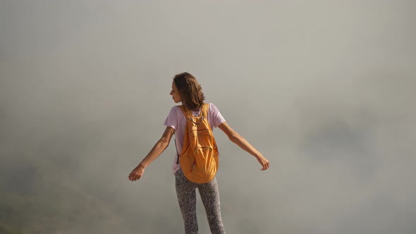 Silhouette of Young Woman Tourist Enjoying Beautiful Seascape of Aegean Coastline Mediterranean Sea