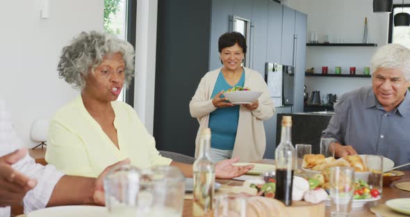 Happy senior diverse people having dinner at retirement home