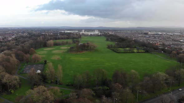 Approaching the Deepdale stadium and flying over Moor Park on a cloudy winter day