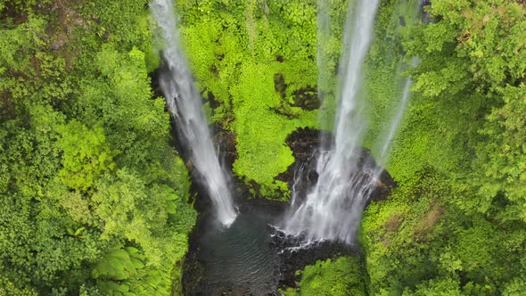 Tropical Waterfall Sekumpul in Green Rainforest and Mountain Jungle, Bali, Indonesia, Aerial View 