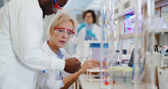 African Male Scientist Consulting with Mature Colleague About Samples in Test Tube