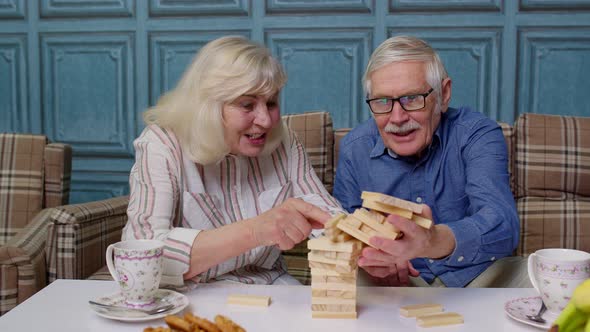 Senior Couple Grandfather Grandmother Resting on Sofa Playing Game with Wooden Blocks at Home