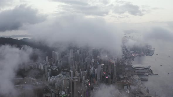 Aerial view of Hong Kong downtown and Kowloon bay in early morning