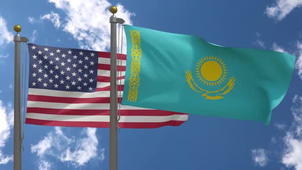 Usa Flag Vs Kazakhstan Flag On Flagpole