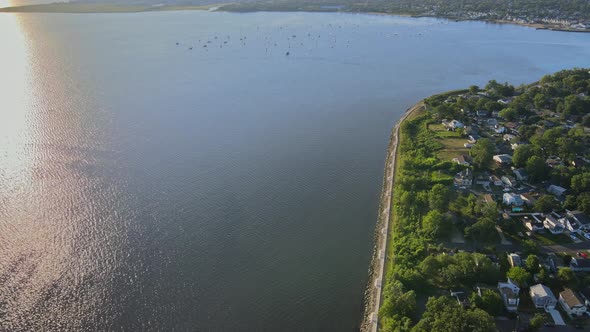 Aerial Drone of Small Village Town the Bay Panoramic View NJ USA