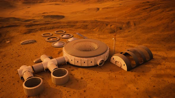 Martian base. Building farm, growing plants. Expedition on alien planet.