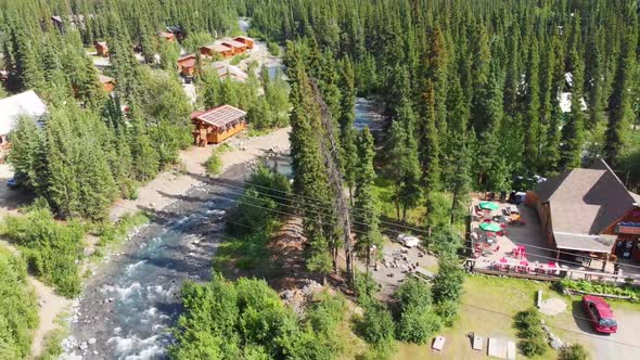 4K Drone Video of McKinley Creekside Caf� and Panorama Pizza Pub next to Carlo Creek near Denali Nat