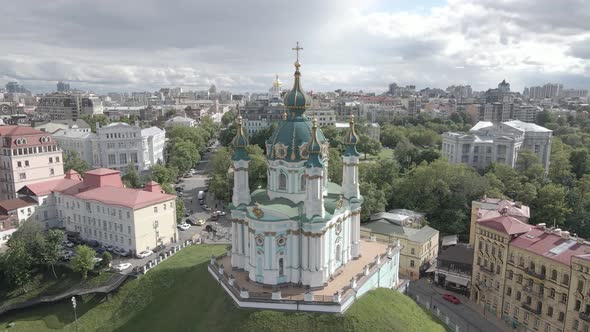 Kyiv. Ukraine. St. Andrew's Church. Aerial. Flat, Gray