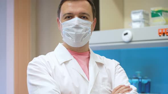 Doctor Standing in Vintage Style Laboratory and Giving Speech