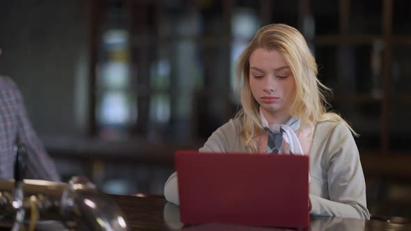 Young Concentrated Woman Messaging Online on Laptop As Bearded Man Entering Bar Sitting at Counter