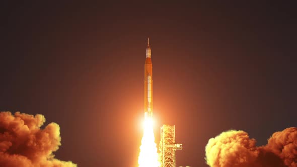 Space Launch System Takes Off On Background Of Rising Sun alt