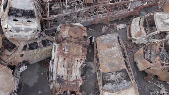 War in Ukraine a Dump of Burned Cars in Irpin Bucha District