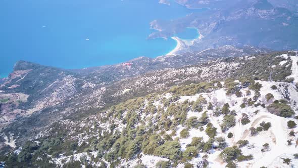 Drone view on world famous paragliding spot in Oludeniz, Fethiye, Turkey