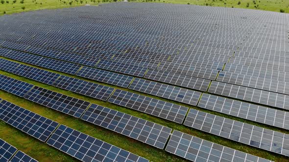 Solar farm. Solar energy production. Green and renewable energy concept.