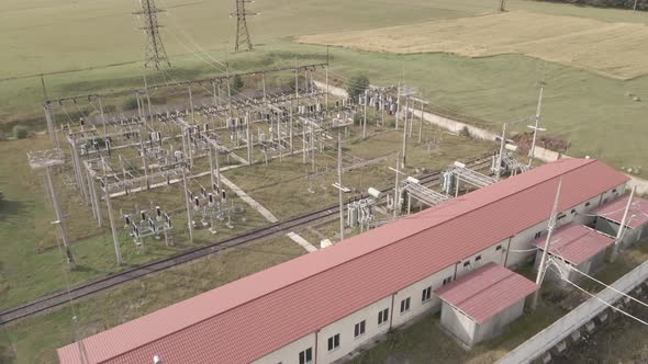 Aerial view of Traction substation of Pokani railway station, Georgia