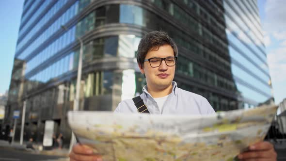Pan Shot of Man with Map Standing in the Center of the Roading Looking at the Buildings