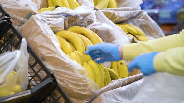 Female hands in medical gloves taking bananas at grocery store