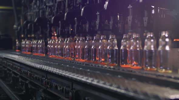 Movement of Finished Products Glass Bottles on the Conveyor Belt at the Glass Factory Workflow at