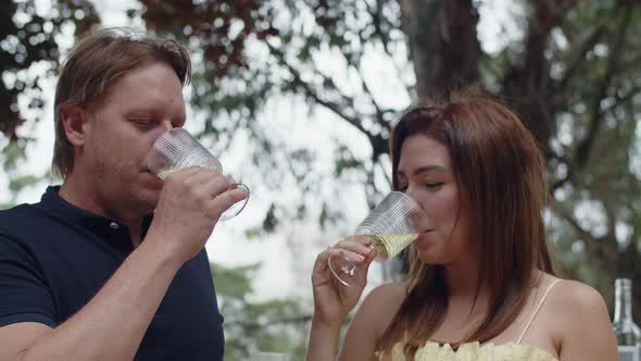 Medium Shot of Wife and Husband Drinking Champagne at Picnic