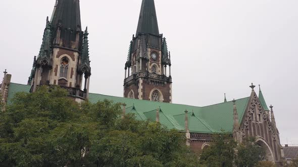 Aerial View of Historical Church of Saints Olga and Elizabeth Old Gothic Temple in Town Lviv Ukraine