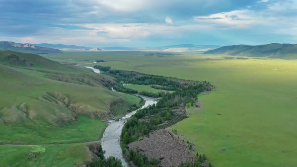 Aerial View of Steppe and Mountains in Mongolia