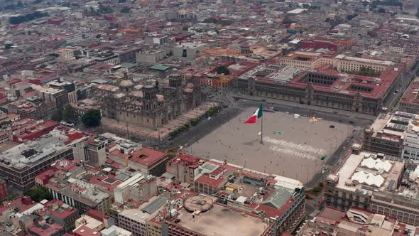 Elevated Flying View of Catedral Metropolitana De La Ciudad De Mexico and Plaza De La Constitucion