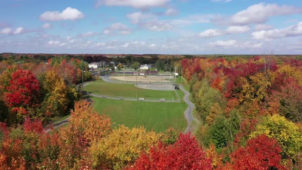 empty baseball fields surrounded by fall coloured forest