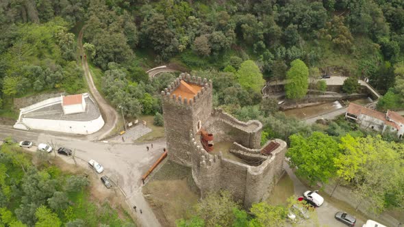 Aerial drone view of Lousa Castle and landscape in Portugal