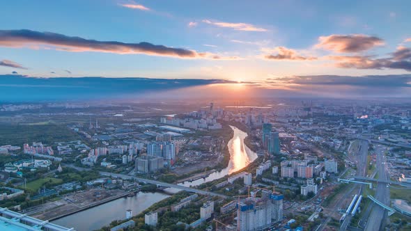 Aerial Top View of Moscow City Timelapse at Sunset