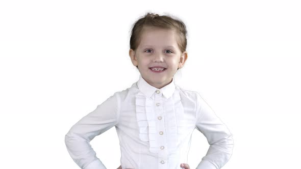 Little Girl Posing in Different Poses on White Background.