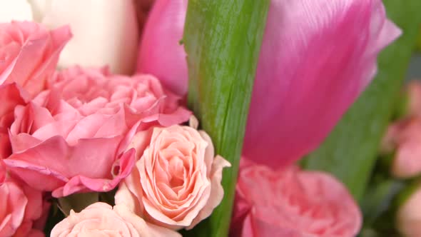 Middle of Bouquet Flower with Roses and Tulips, on Red, Green, Rotation, Close Up