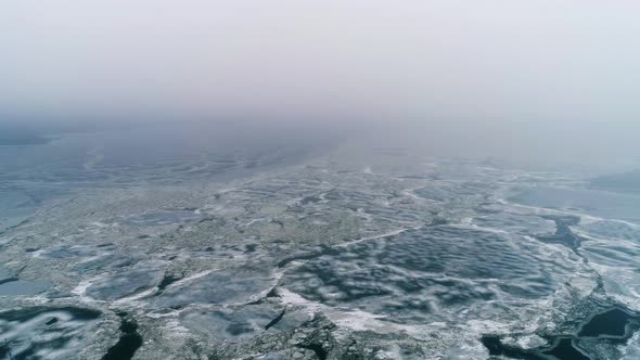 Spring Ice Drift on the River on a Cloudy Day - Drone Collection