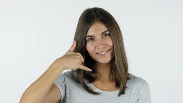 Call me Gesture by Beautiful Girl, White Background in Studio