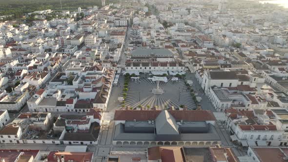 Aerial View Of Praça Marquês de Pombal In Vila Real de Santo Antonio. Circle Dolly Left