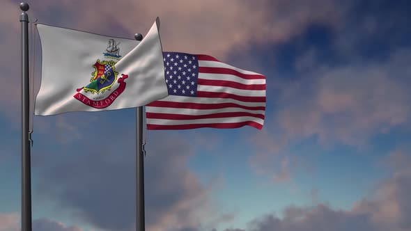 Stamford City Flag Waving Along With The National Flag Of The USA - 4K