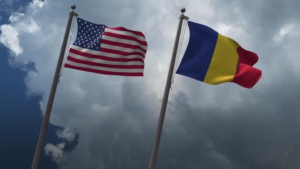 Waving Flags Of The United States And The Romania 2K