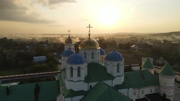 Aerial Shot Village Mezhyrich. Holy Trinity Monastery Of The Upc. Ukraine