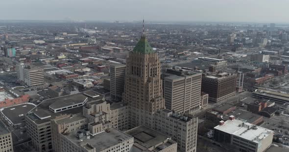 Aerial view of the Historic Fisher Building and surrounding landscape in Detroit. This video was fil