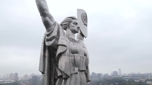 Symbol of Kyiv, Ukraine: Motherland Monument. Aerial View, Slow Motion. Kiev