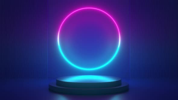 Podium with blue pink neon circle